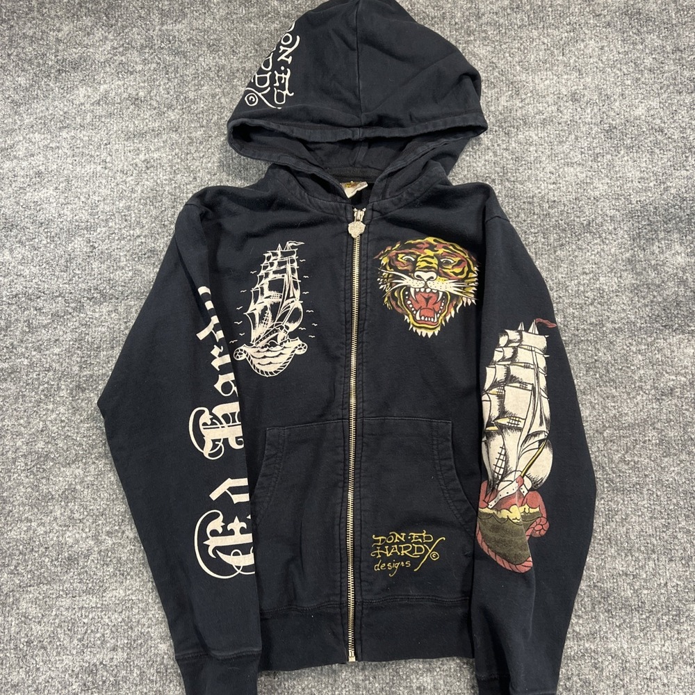 Vintage Ed Hardy Kids Zip-Up Hoodie Black Tiger Pirate Ship Graphic Youth 10 Y2K